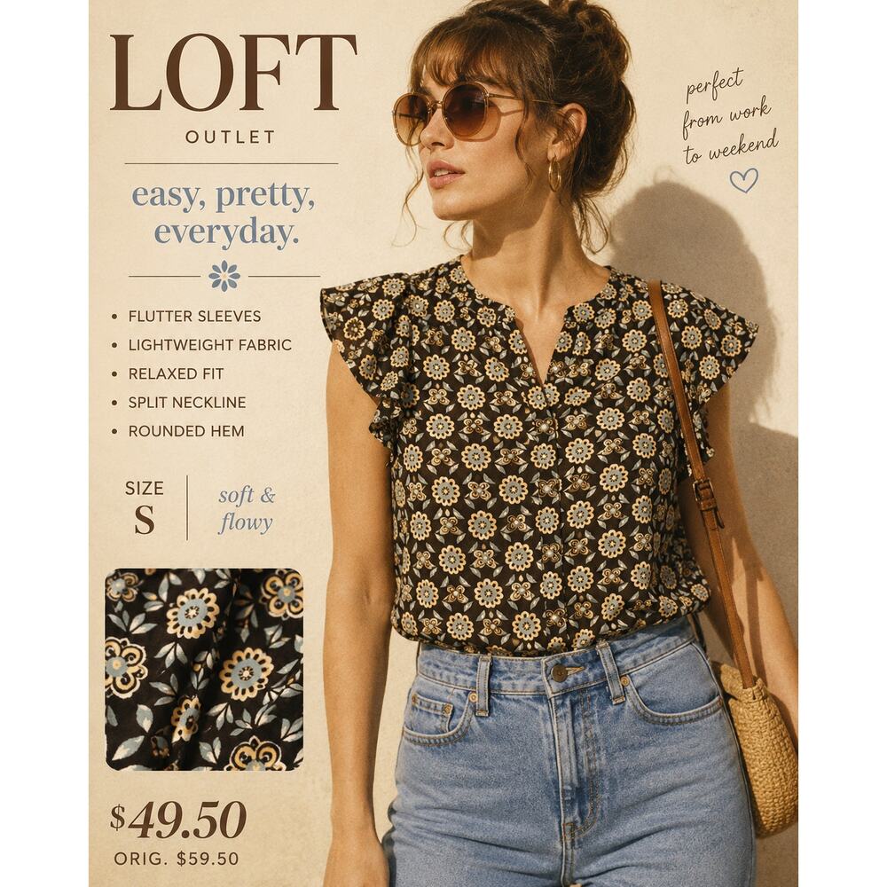 LOFT Outlet Floral Geometric Print Flutter Sleeve Blouse Size Small